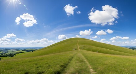 Obraz premium A green hill under a bright blue sky with fluffy white clouds and a path leading to the summit