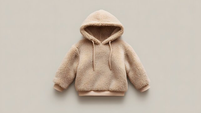 Cozy beige fleece hooded top displayed flat against a neutral background