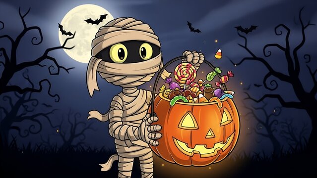 Cartoon mummy holding pumpkin basket filled with candy on halloween night - Powered by Adobe