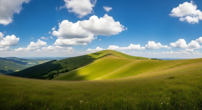 A scenic view of rolling green hills under a bright blue sky dotted with fluffy white clouds on a sunny day