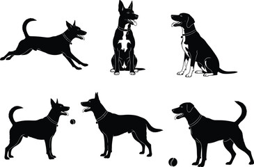 Dog silhouette vector set showing playful, sitting, standing poses with ball and collar for pet design, animal art, and educationDog silhouette vector set 