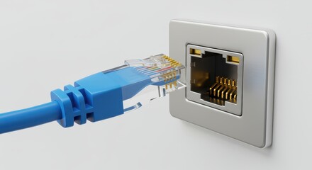 Close up view shows a blue data connection plug poised above a wall mounted network outlet