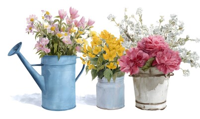 Fototapeta premium watercolor painting of flowers in an old blue watering can, a large bouquet with pink and yellow blossoms, and one in a vintage white bucket