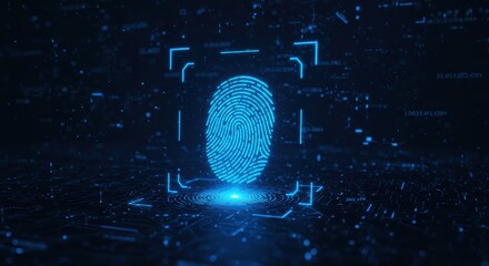 Digital biometric identification process displays glowing neon fingerprint scan on dark technological background