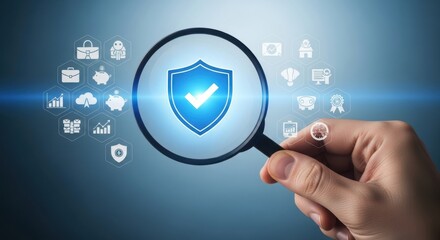 Security Protocol Audit: Magnifying Glass on Blue Shield and Checkmark for Safety Inspection.