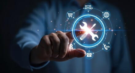 Comprehensive Service Support: Hand Interacting with Repair Wrench Icon for Technical Assistance.