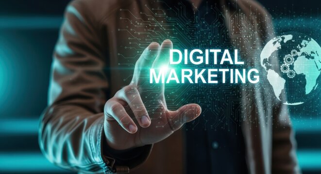Global Digital Marketing: Hand Interacting with Holographic Text and Networked Earth for Business.