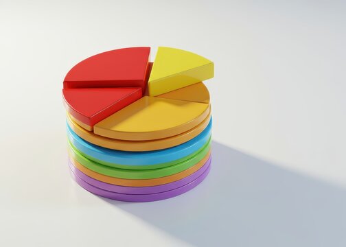Stacked three dimensional circular chart pieces displaying diverse proportions against a bright background