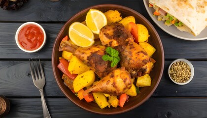 Spiced roast chicken with sliced ​​potatoes, lemon, tomatoes and mint leaves as garnish in a brown bowl, on a wooden table with forks and sauce beside it.