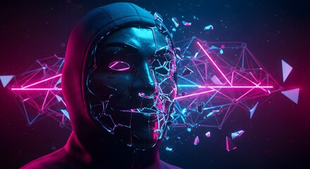 Abstract Digital Mask Breaking Apart with Neon Network Background