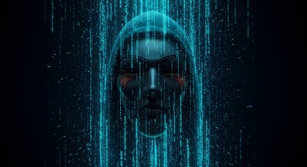 Mysterious Digital Face in Binary Code Rain