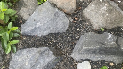 Large Grey Rocks with Green Foliage and Soil in Garden Path