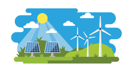 Fototapeta premium Bright, sustainable energy landscape featuring solar panels and wind turbines under a sunny, cloud-dotted sky