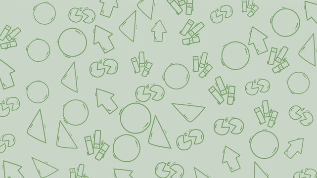 Geometric decoration in green outlines of circles, triangles, pie charts, and arrows create a modern minimalist design suitable for branding materials