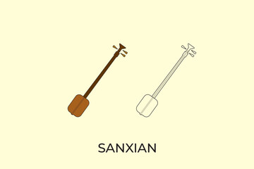 Traditional musical instrument, sanxian silhouette illustration
