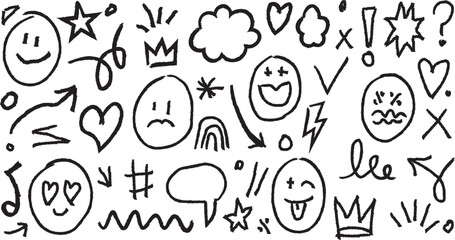 Naklejka premium Hand drawn doodles and expressive faces in a playful black silhouette