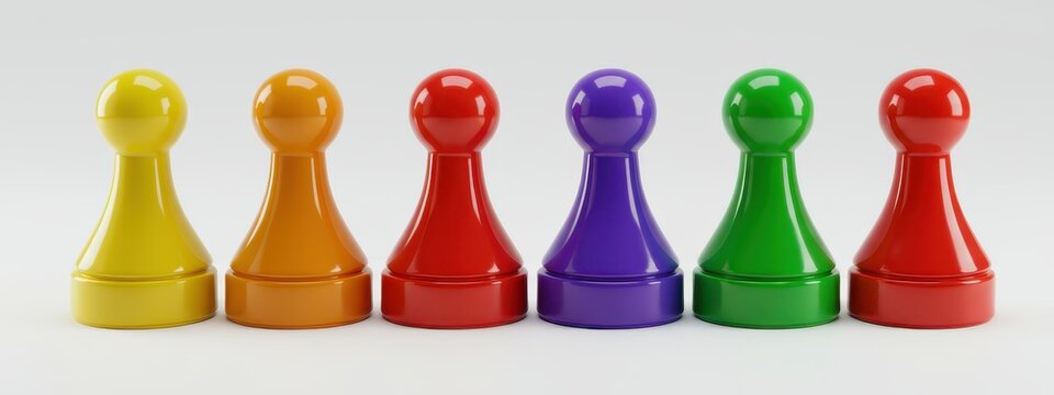 Six brightly colored plastic game pieces stand in a row against a light background