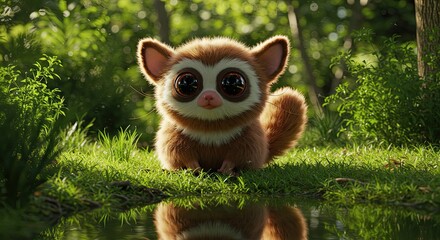 Obraz premium Adorable animated lemur with big eyes in a lush green forest environment