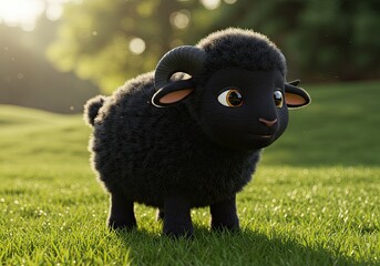 Fototapeta premium Adorable Cartoon Black Sheep Character Standing in a Sunny Green Meadow Animation