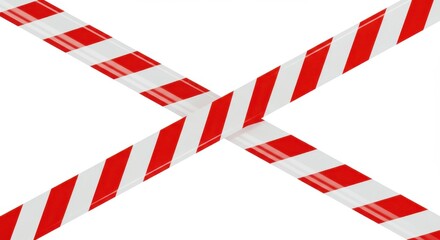 Obraz premium Red and white striped warning tape is crossed diagonally against a white background