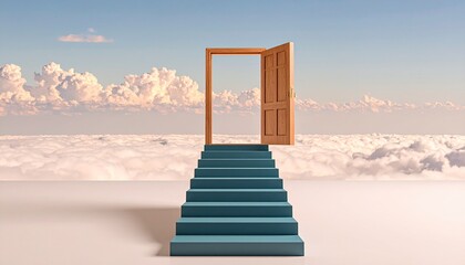 果てしなく広がる雲海を背景に、真っ青な階段が伸び、その頂上には木製のレトロな四角い窓（ドア）がぽつんと開いて立っている幻想的なミニマルアート。階段とドアの配置が未来への入口を思わせる象徴的な構図で、温かみのある色調と広大な空間が静けさと達成への期待
