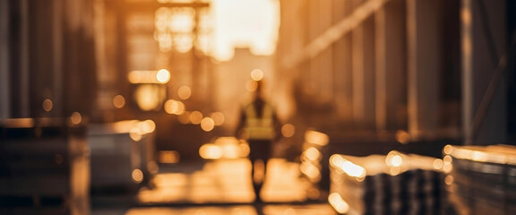 Blurry construction worker silhouette against bright warm sunlight bokeh background, depicting movement, dust, and the intense golden atmosphere of a busy site during late afternoon work.