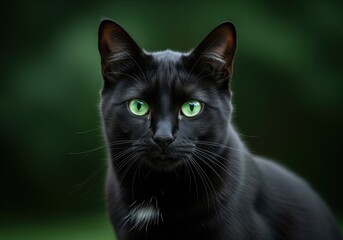 Captivating portrait of a sleek black cat with striking emerald green eyes