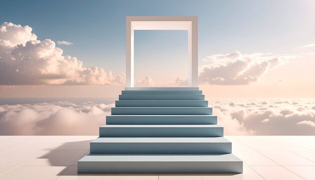果てしなく広がる雲海を背景に、真っ青な階段が空に向かって伸び、その頂上に白い四角いフレーム（ドア）がぽつんと立っている幻想的なミニマルアート。空は淡いブルーからピンクに染まり、夜明けや夕暮れのような希望と神秘を感じさせる雰囲気です。余白がたっぷりとあり、未来、目標、達成
