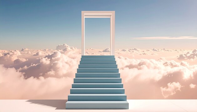 果てしなく広がる雲海を背景に、真っ青な階段が空に向かって伸び、その頂上に白い四角いフレーム（ドア）がぽつんと立っている幻想的なミニマルアート。空は淡いブルーからピンクに染まり、夜明けや夕暮れのような希望と神秘を感じさせる雰囲気です。余白がたっぷりとあり、未来、目標、達成