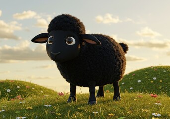 Obraz premium Cute cartoon black sheep standing on a flower-filled meadow under a blue cloudy sky