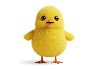 Obraz premium Cute yellow chick with fluffy feathers standing on a white background beautifully lit
