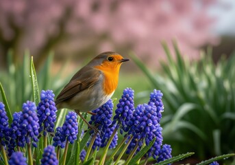 European robin bird on vibrant blue muscari grape hyacinth flowers