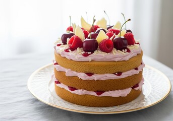 Elegant three layer vanilla cake with fresh berries and creamy pink frosting