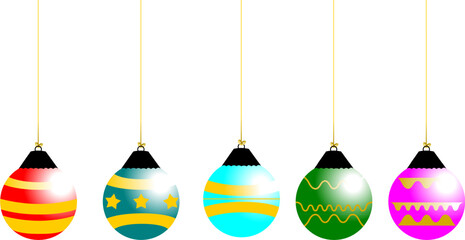Colorful Christmas ornaments hanging from strings, each with a unique pattern.