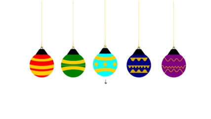 Five colorful Christmas ornaments hanging from golden strings against a white background.