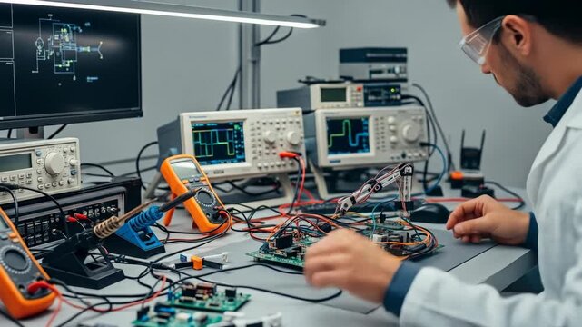 A scientist in a lab coat works on electronic circuits with various tools, testing and assembling components