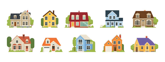 Isolated cartoon houses set. Simple suburban houses. Concept of real estate, property and ownership