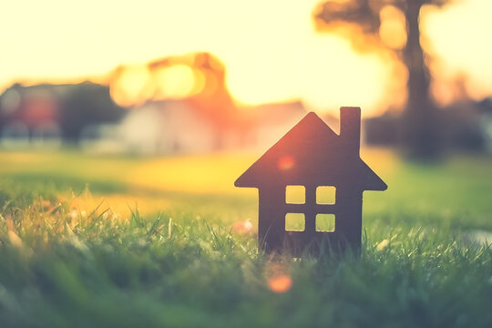 Copy space of home and life concept. Small model home on green grass with sunlight abstract background