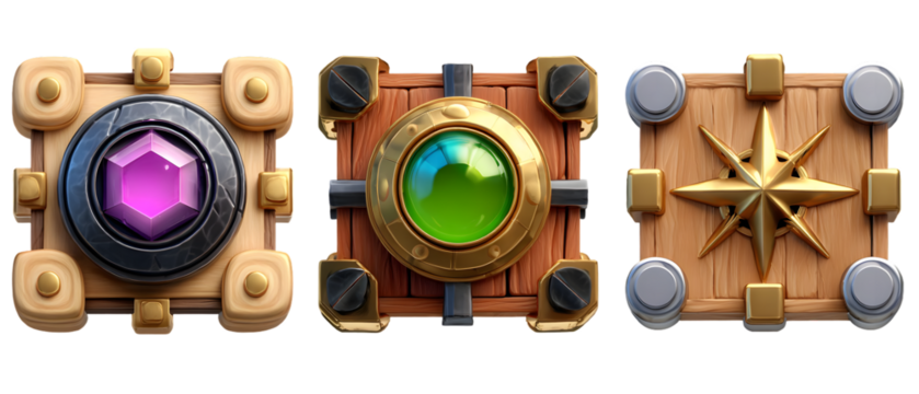 Three wooden game chests featuring a vibrant purple gemstone, a luminous green orb, and a radiant golden star, perfect for fantasy games, strategic adventures, or magical storytelling