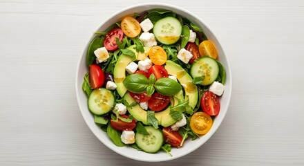 Great salad with tomatoes cucumbers avocado feta and basil in a white bowl on white surface