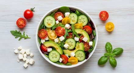 Elegant salad with tomatoes cucumbers avocado feta and basil in a white bowl on white surface