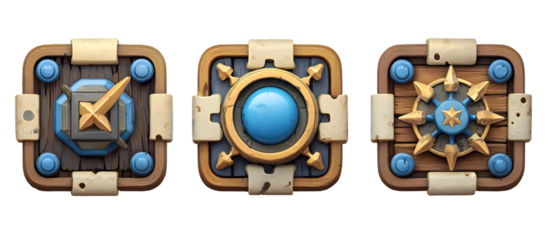 Three unique wooden icons showcasing intricate designs and blue accents, ideal for game development or app interface elements, offering a touch of artistry and sophistication for your digital projects
