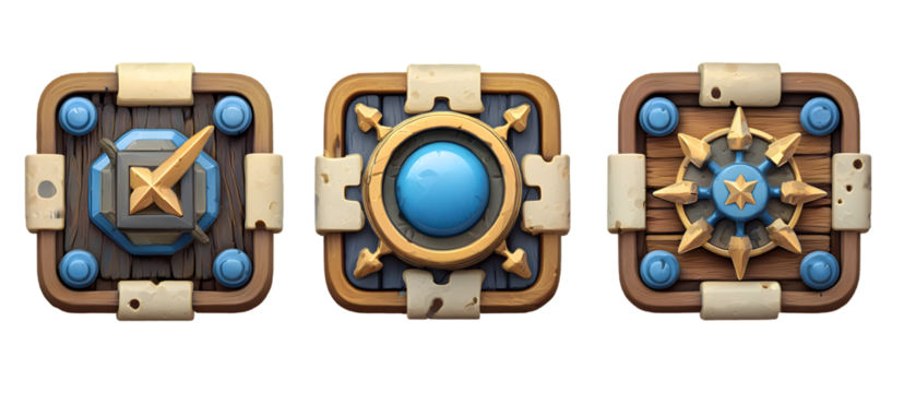 Three unique wooden icons showcasing intricate designs and blue accents, ideal for game development or app interface elements, offering a touch of artistry and sophistication for your digital projects
