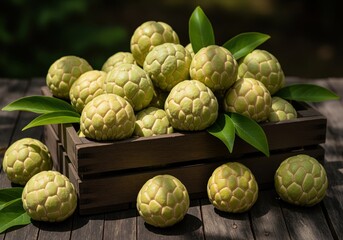 Obraz premium Fresh ripe custard apples in rustic wooden crate, healthy tropical fruit harvest