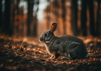 Obraz premium Wild rabbit crouching in an autumn forest with warm golden light