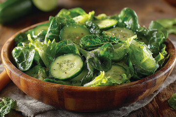Obraz premium Fresh Green Salad Plate – Healthy Mix of Cucumber and Lettuce