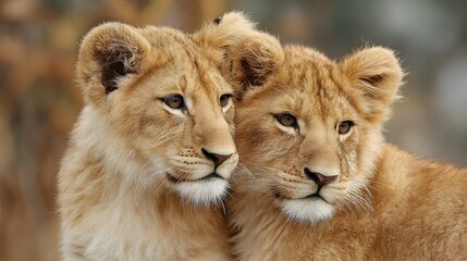 Fototapeta premium Two adorable young felines displaying warm fur coloration against a muted background