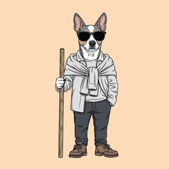 Stylish dog in sunglasses and casual outfit holding a stick