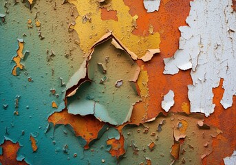 Vibrant abstract texture of peeling paint on a distressed multi tonal surface