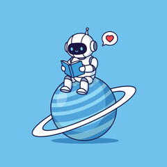 Cute robot reading book on planet with heart icon